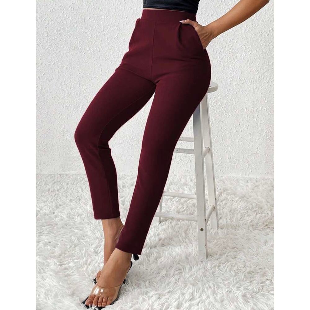 SHEIN Petite M Burgundy Pleated Detail Skinny Pants Pull On Stretch Career
